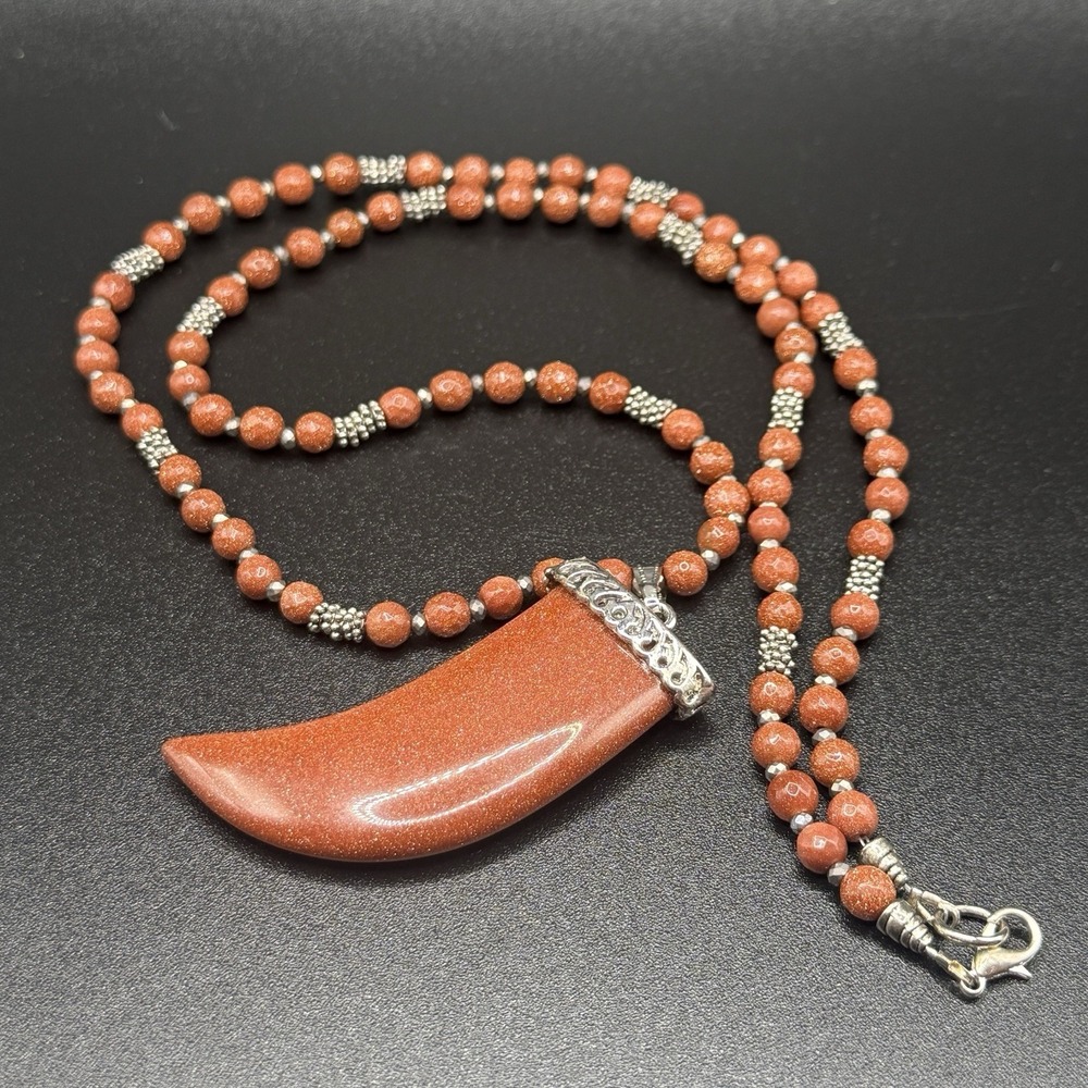 Vintage Goldstone Beaded Necklace w/ Carved Tooth Claw Pendant 27"